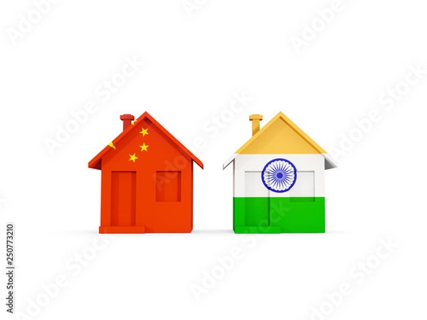 Fototapeta Two houses with flags of China and india