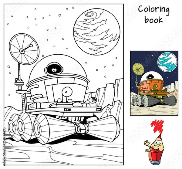 Obraz Moon rover with an astronaut. Coloring book. Cartoon vector illustration