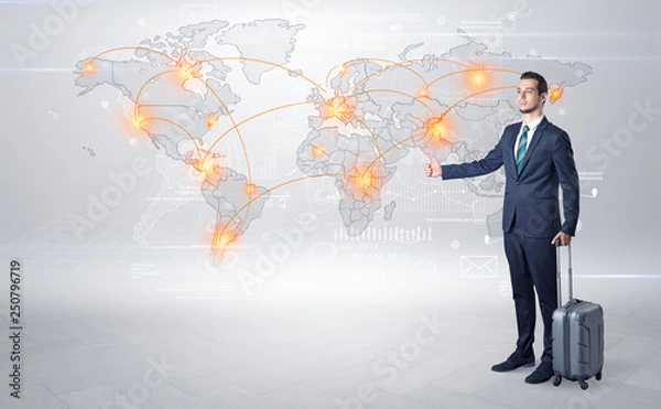 Fototapeta Businessman in dark suit hitchhike to business trip in a front of a map with destination