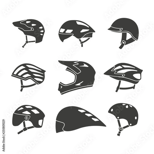 Fototapeta Monochrome vector illustration of a set bicycle helmets, isolated on a white background.