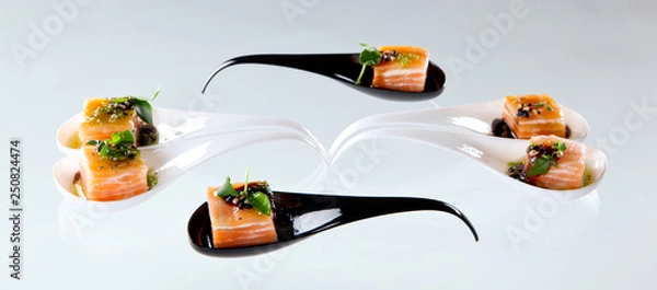 Fototapeta Salmon and soya catering appetizer