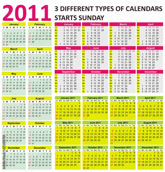 Fototapeta Big set of 2011 calendars. Different types (starts Sunday)
