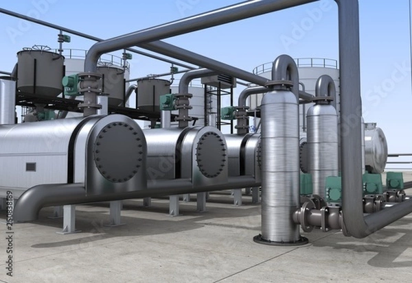 Fototapeta oil refinery, chemical production, waste processing plant, exterior visualization, 3D illustration