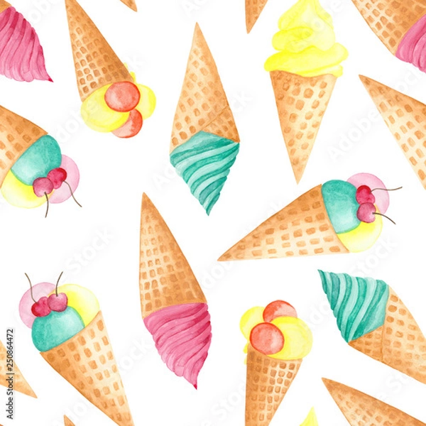 Obraz watercolor pattern of pink, turquoise, orange ice cream and fruit ice
