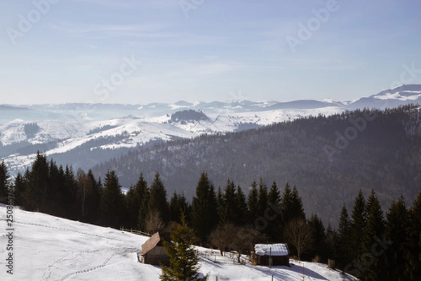 Fototapeta spring is near, but winter does not given up in the mountains 