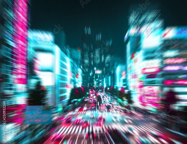 Fototapeta Zoom Effect of Night Time Traffic in Shinjuku District, Tokyo, Japan with a Retro Synthwave Color Effect