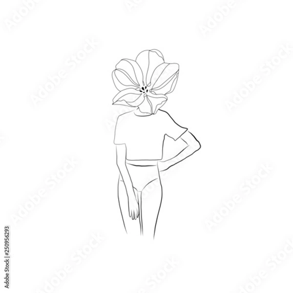 Fototapeta A girl with a flower instead of a head. isolated vector hand drawn, woman, one line, abstract sketch, lines drawing, figure of a woman or young girl.