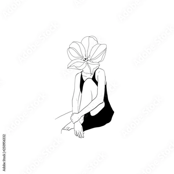 Obraz A girl with a flower instead of a head. isolated vector hand drawn, woman, one line, abstract sketch, lines drawing, figure of a woman or young girl.