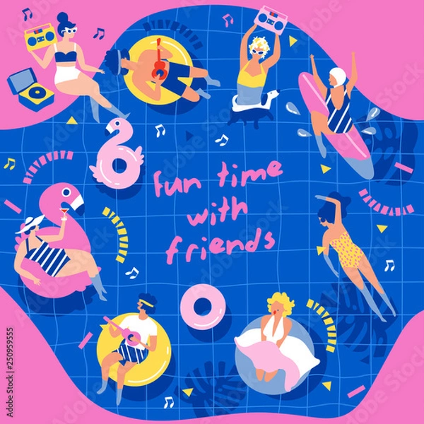 Fototapeta Friends enjoying pool party on swimming pool  background : Vector Illustration