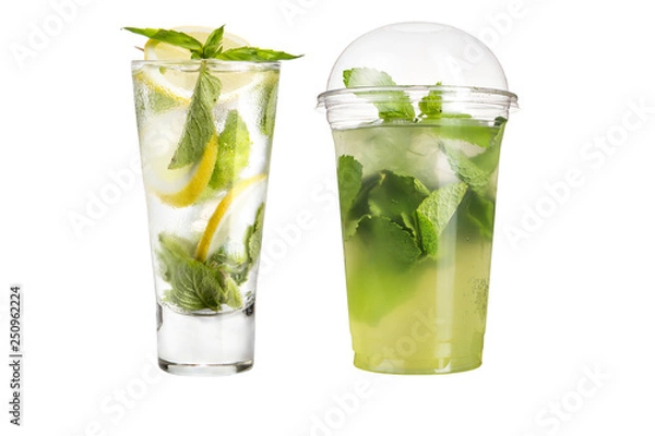 Fototapeta Mojito cocktail with mint and lime. Set of two mojito on a white background.
