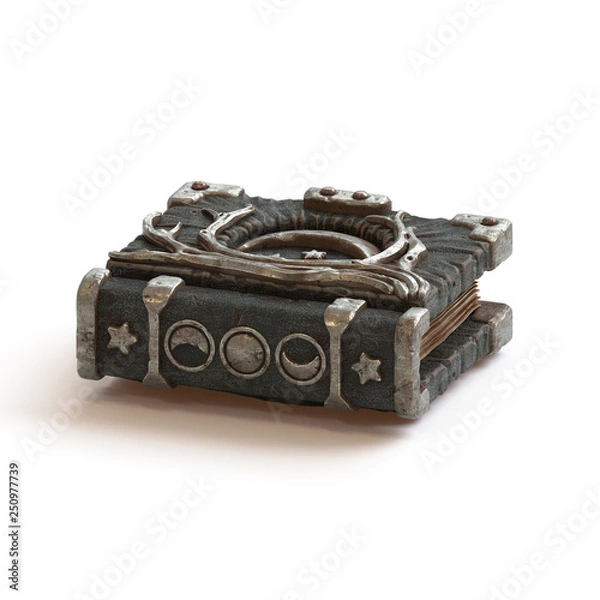 Fototapeta 3d illustration of a dark leather grimoire. Vintage old magic book cover with moon phases and tree roots. Ancient magic book of shadows. Spellbook concept. 3d rendering isolated on white background.