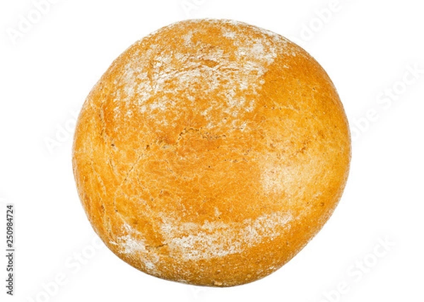 Obraz loaf of white round bread - top view, isolate on a white background. One round loaf of wheat bread. Isolated on white. A loaf of round bread with a crust in the shape of a smile. View from above. 