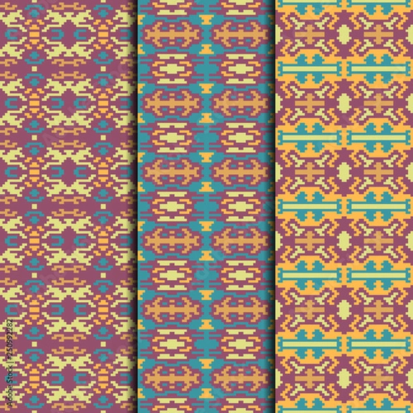 Fototapeta Set of 3 seamless patterns tribal design. Ethnic textile prints. Vector fashion backgrounds.