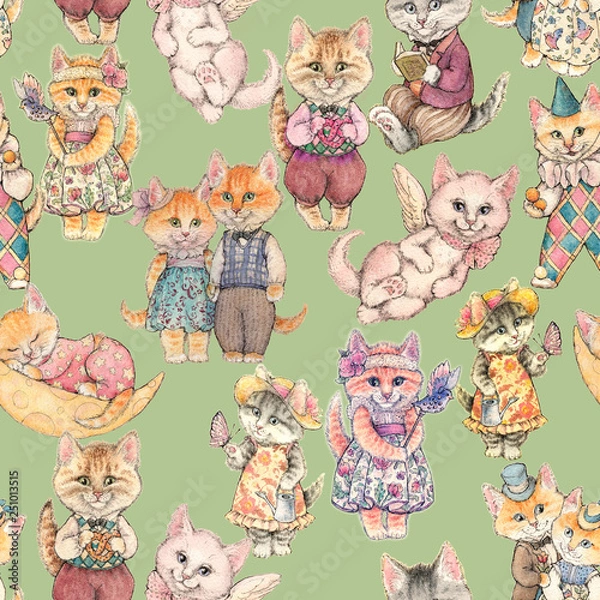 Fototapeta Design of the seamless pattern. Different Fairy-tale cat drawn by hand watercolor
