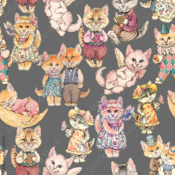 Fototapeta Design of the seamless pattern. Different Fairy-tale cat drawn by hand watercolor