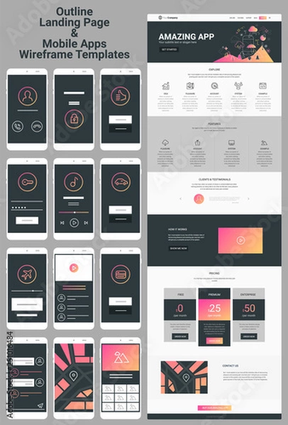 Obraz Responsive landing page or one page website and mobile apps template mockups wireframe workflow collection