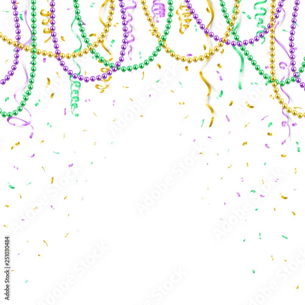 Fototapeta Mardi Gras background template, festive banner, colorful beads and confetti, vector illustration