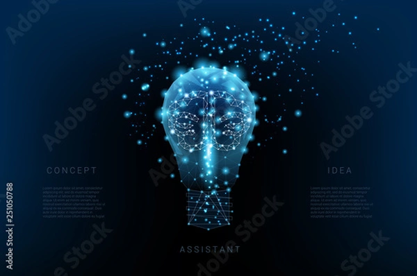 Fototapeta Light bulb of triangles and luminous brain and points. Background of beautiful dark blue night sky. Concept idea. Vector Polygonal illustration. Low poly