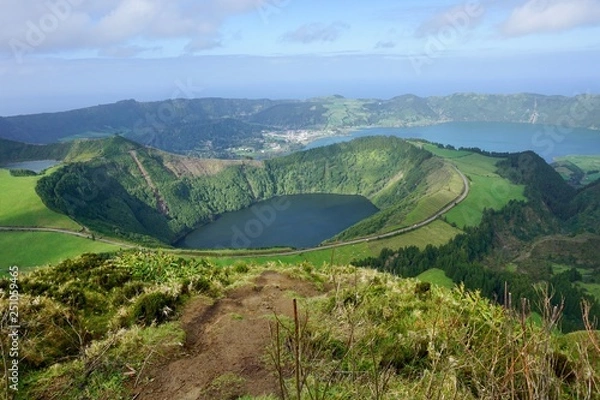 Fototapeta View of the Sete Cidades lake and city from the boca do inferno mountain peak