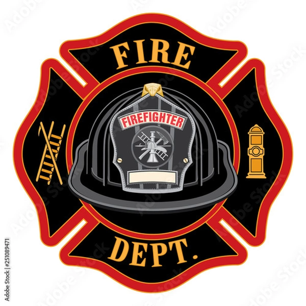 Fototapeta Fire Department Cross Black Helmet is an illustration of a fireman or firefighter Maltese cross emblem with a black firefighter helmet and badge containing an empty space for your text.
