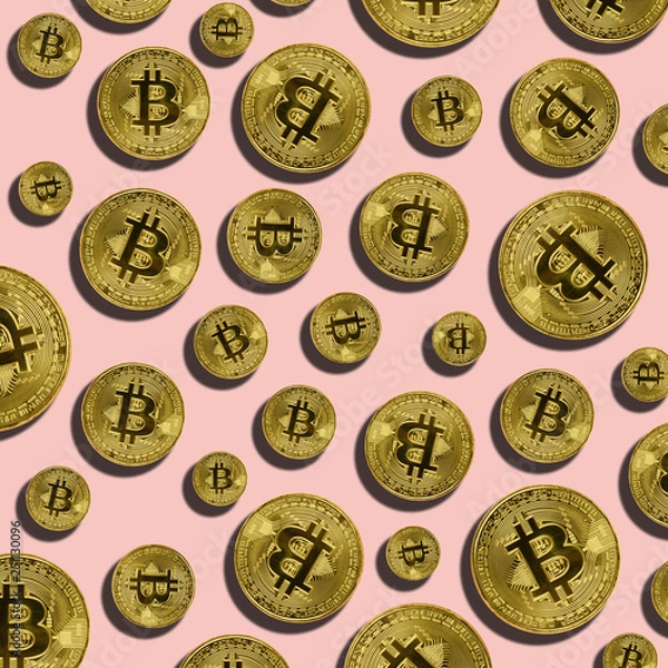 Obraz Bitcoin coins with shape on pink background. Bitcoin mining concept