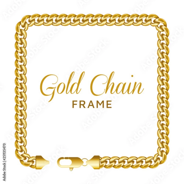 Fototapeta Gold chain square border frame. Rectangle wreath shape with text template. Realistic vector illustration isolated on a white background.