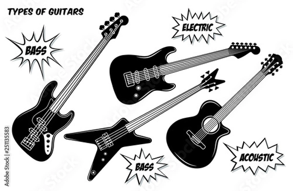 Obraz Electric, bass and acoustic guitar with 6 and 4 strings. Vector black and white silhouette illustration.