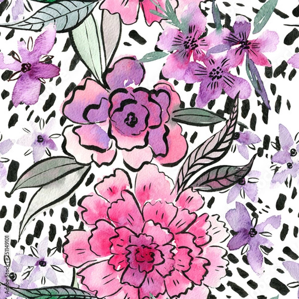 Obraz Watercolor floral hand drawn colorful bright seamless pattern