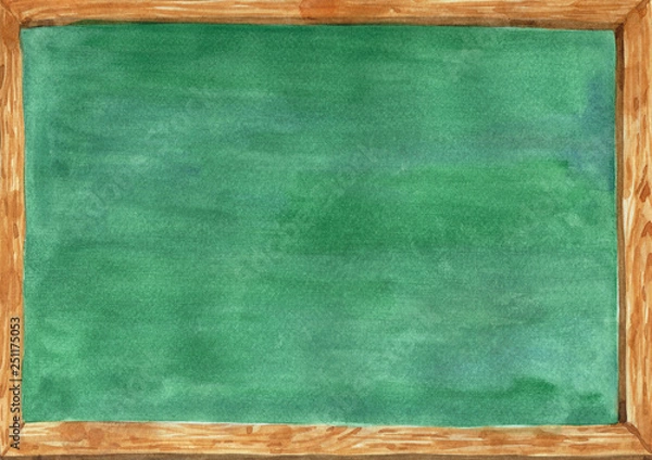 Fototapeta Watercolor blank green board with wooden frame for add your text on space.