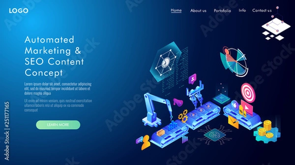 Obraz Automated marketing and SEO content isometric concept, vector illustration