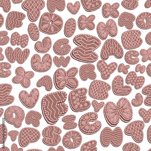 Fototapeta seamless background of Gingerbread letters with icing, letters of the alphabet from glaze, brown with pink on a white background, EPS 10 vector illustration