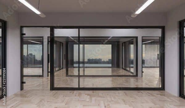 Fototapeta Empty Illuminated Offices with a View 3D Rendering