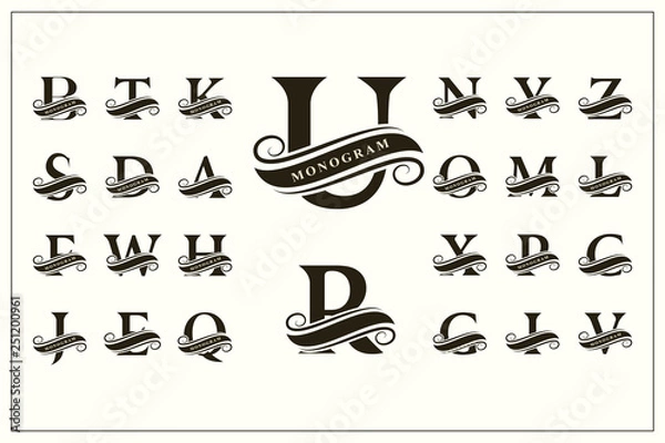 Fototapeta Set of Stylish Capital Letters. Vintage Logos. Filigree Monograms. Ribbon for Inscription. Beautiful Collection. English Alphabet. Simple Emblems. Design of Calligraphic Insignia. Vector illustration