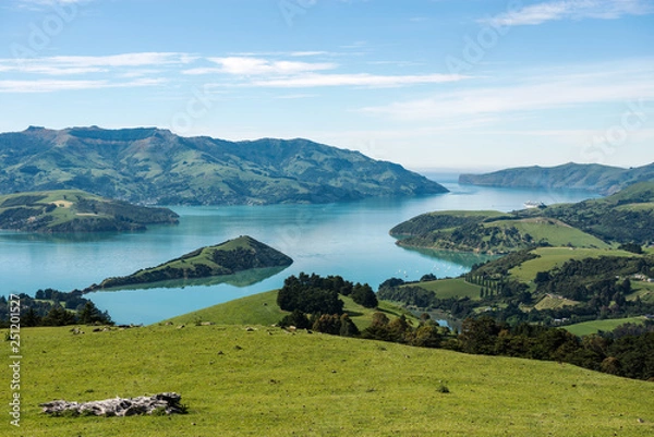 Fototapeta Overlook of the scenic Akaroa Harbour on the Banks Peninsula, Canterbury, South Island, New Zealand