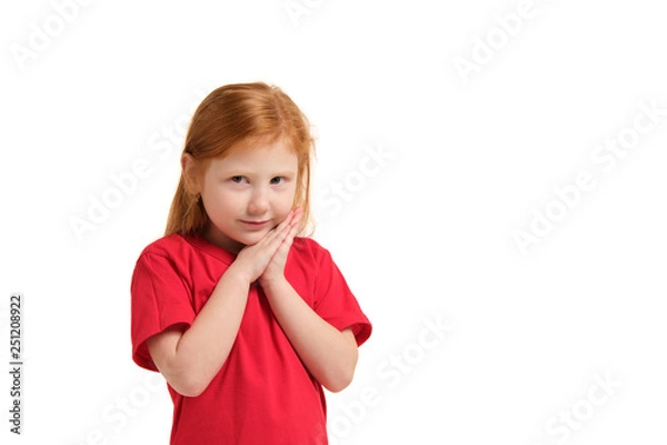 Obraz Portrait of cute redhead emotional little girl isolated on a white