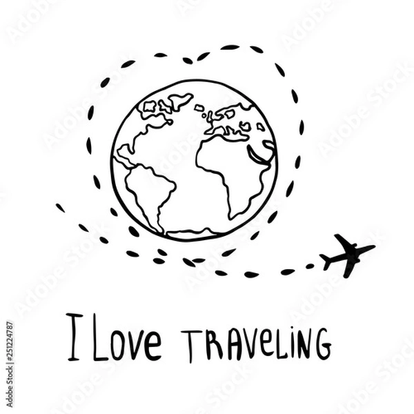 Fototapeta Lines. Silhouette airplane. Flight around the world. Earth. Map of the ground. Airplane and globe. Vector illustration
