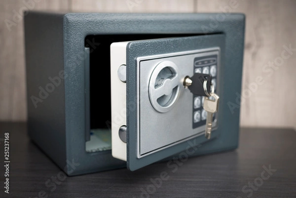 Fototapeta open safe with keys on the door on a light background