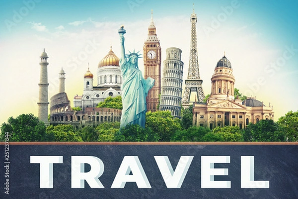 Fototapeta Travel illustration world's famous landmarks and tourist destinations elements in colorful background. 3d illustration.