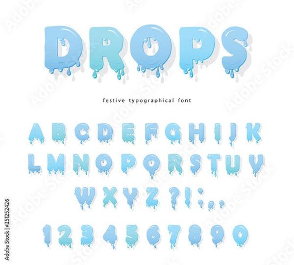 Fototapeta Water drops font design. Transparent glossy ABC letters and numbers. Vector