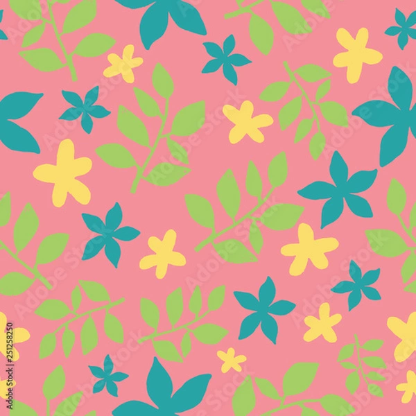 Fototapeta Seamless tropical leaves repeat pattern design on pink background. Perfect for fabric, wallpaper, stationery and scrapbooking projects and other crafts and digital work