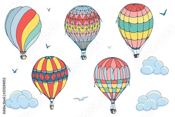 Fototapeta Vector isolated balloons on white background. Many differently colored striped air balloons flying in the clouded sky. Patterns of clouds and birds flying in the sky. Travel and vacation.