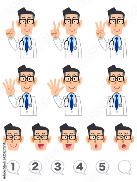 Fototapeta 指で数字を数える医師の上半身　表情と数字のセット