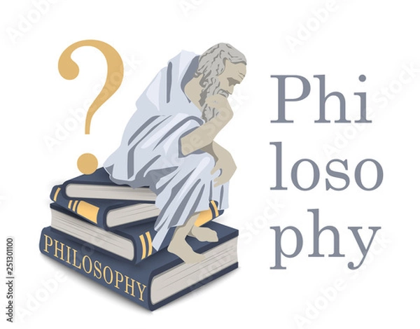 Obraz Philosophy icon in vector. Illustration with a thinker man on a stack of books. Antique sage philosopher. Emblem, flat illustration.
