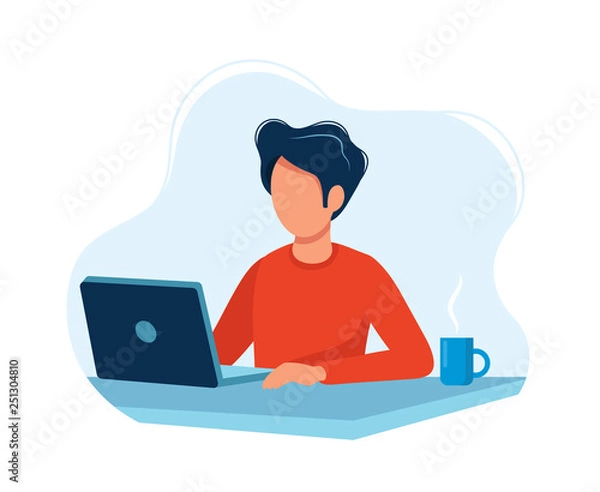 Fototapeta Man working with computer. Concept illustration, working process, management, freelance, office, work from home, business meeting via internet, communication. Bright colorful vector illustration. 