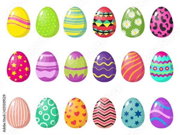 Fototapeta Cartoon colorful easter eggs vector with patterns isolated on white background. Easter egg pattern, different and various oval gifts illustration