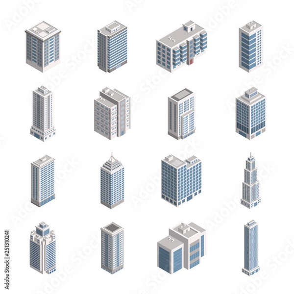 Fototapeta Vector Isometric City Building Set. Vector Isometric City Building Icon Isolated on White Background. Private House, Skyscraper, Real Estate, Public Building, Hotel.