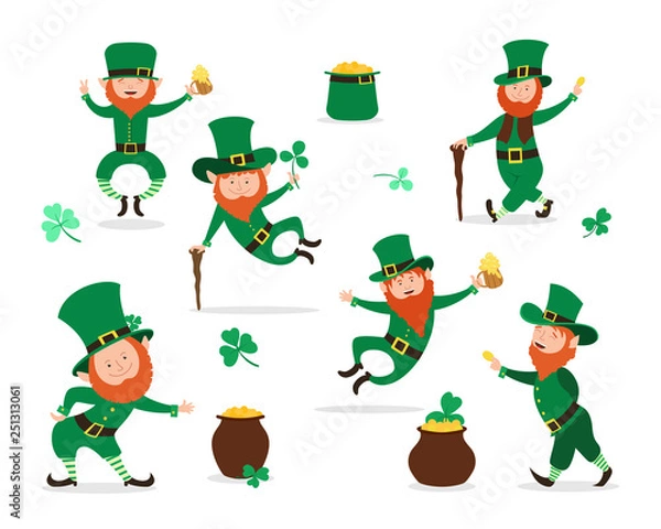 Fototapeta Leprechaun collection for Saint Patrick Day design. Cute Irish fairytale character set.