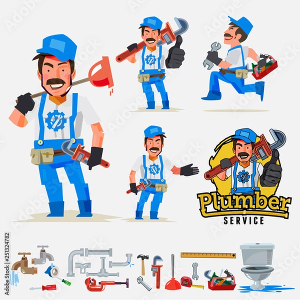Fototapeta plumber man set in actions with typographic logo - vector illustration
