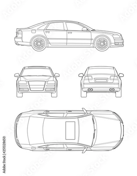 Fototapeta セダン 四面図 テクニカルイラスト