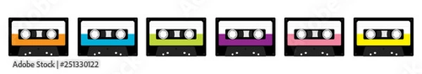 Fototapeta Plastic audio tape cassette. Retro music icon set line. Recording element. 80s 90s years. Different colors template. Flat design. White background. Isolated.